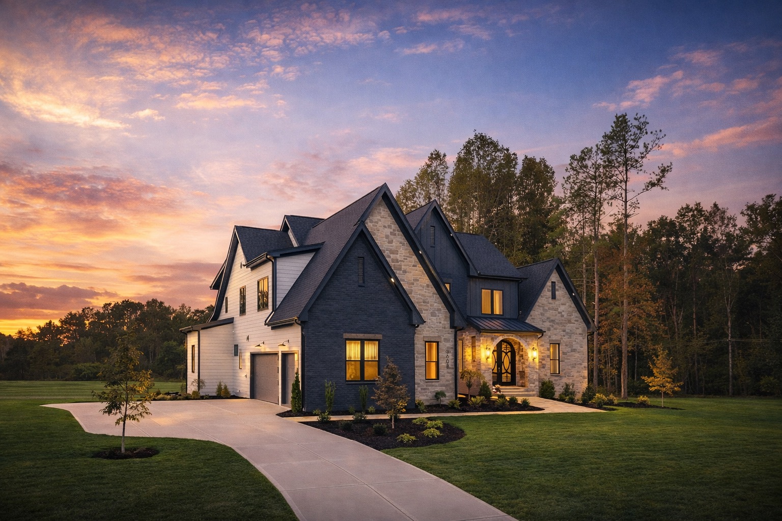A completed Gemstone custom home at twilight