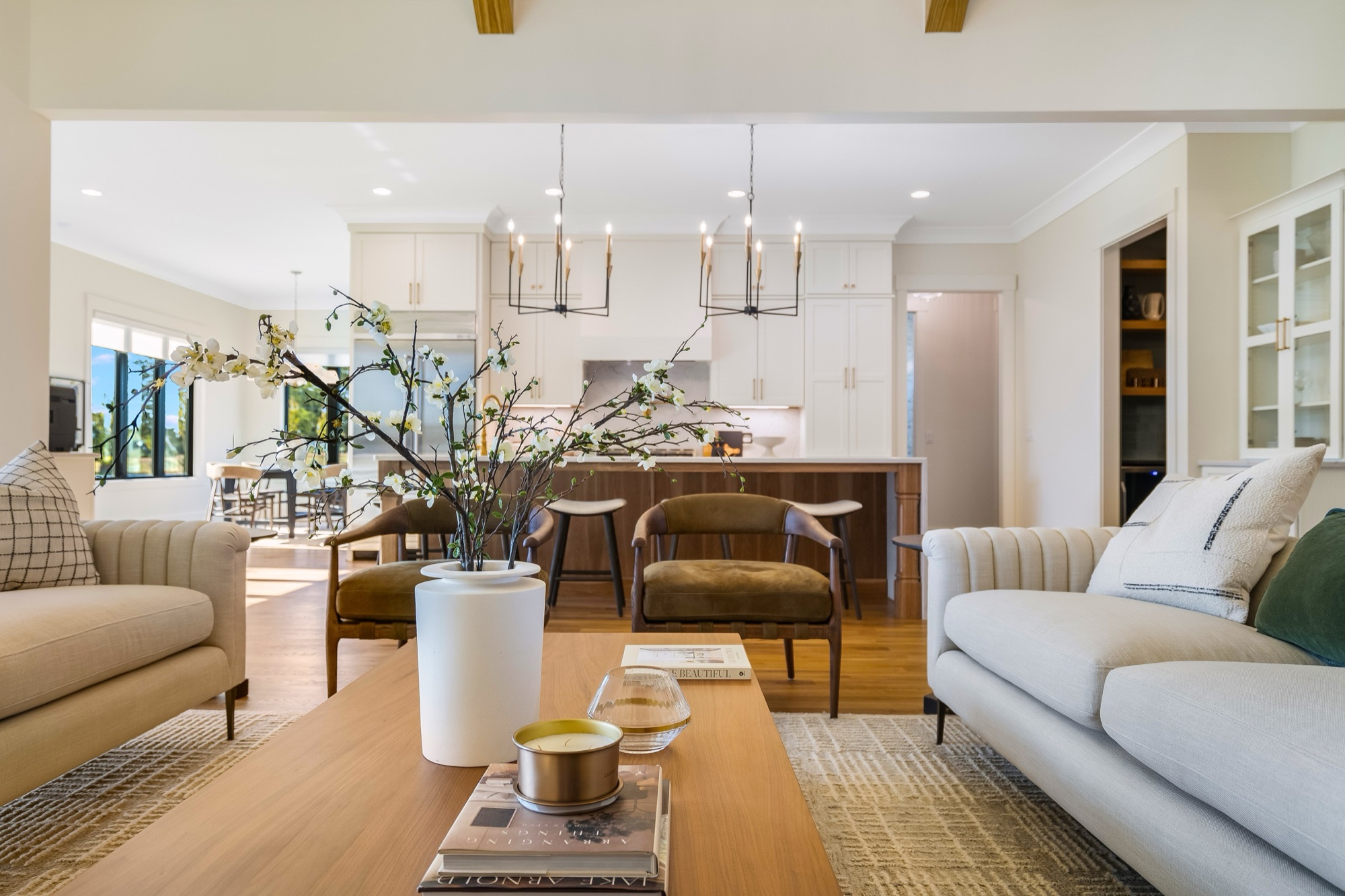 Family room with cherry blossom styling and view to the kitchen