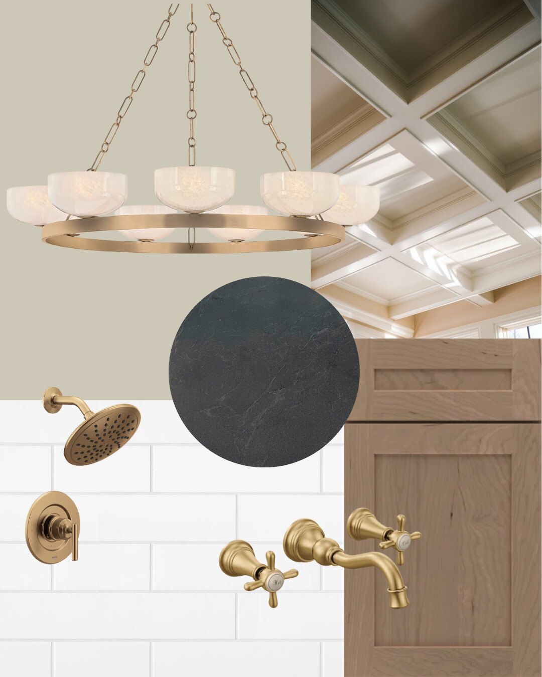 Classic Heritage palette: alabaster pendant, antique brass fixtures, subway tile, coffered ceiling, warm oak cabinetry