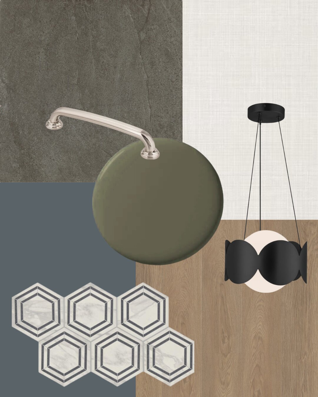 Modern Industrial palette: olive matte tile, charcoal slate, walnut, brushed nickel, hex marble