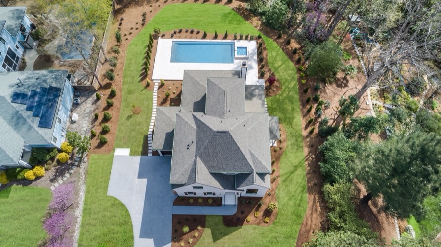Aerial view of Hinton custom home and grounds